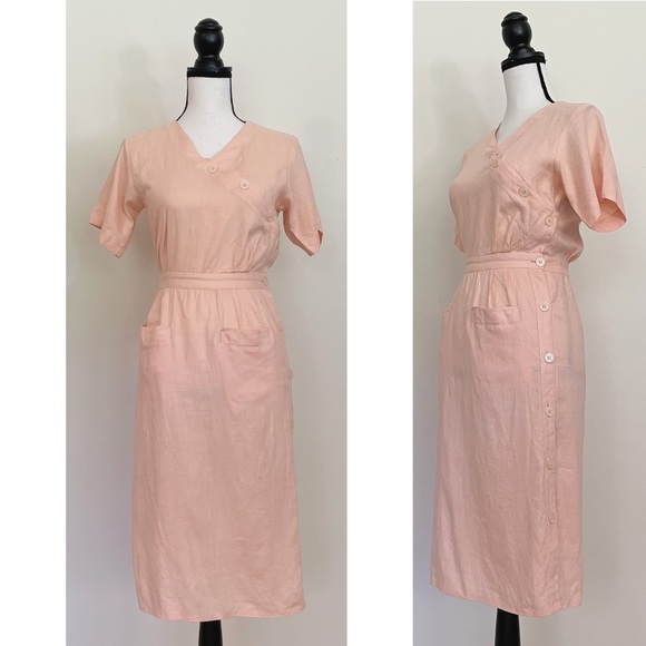Vintage Dresses & Skirts - Vintage 80s Linen Button Wrap Dress